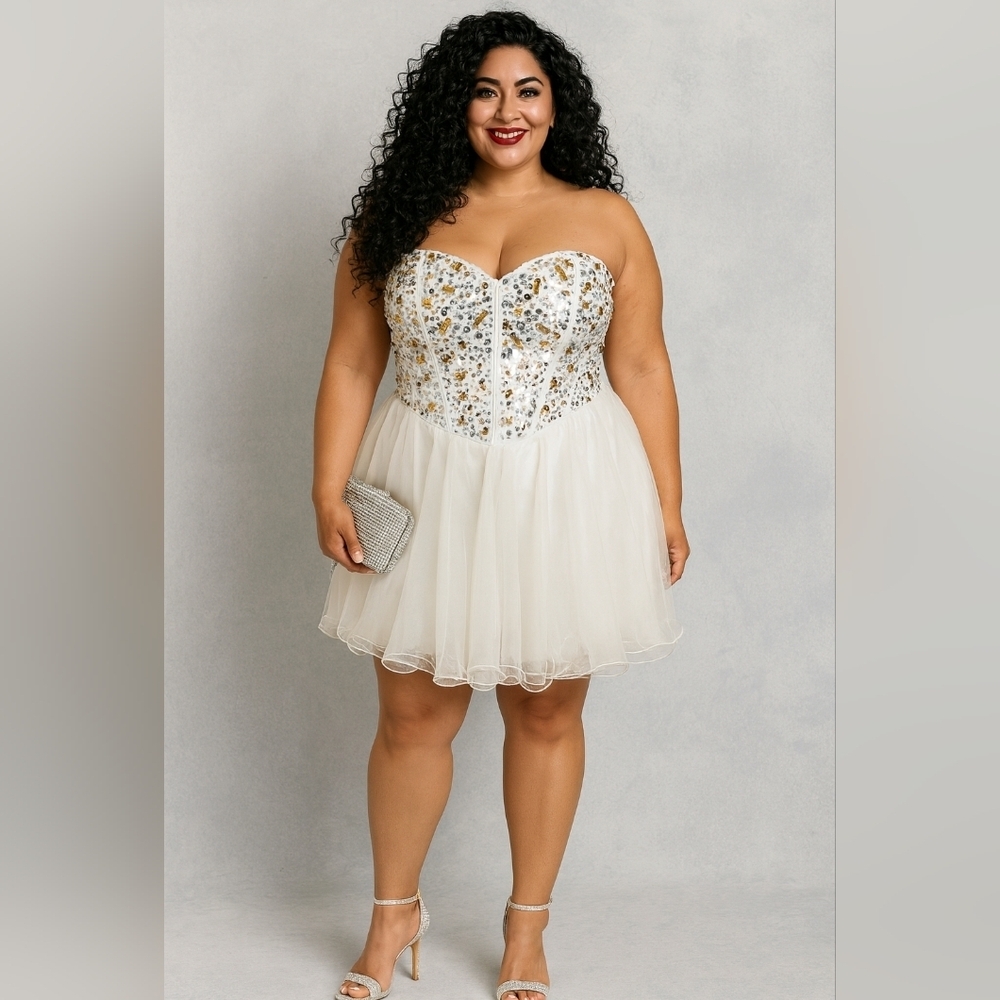 Deb Strapless White and Gold Dress. Size 22. Chiffon Flare Skirt